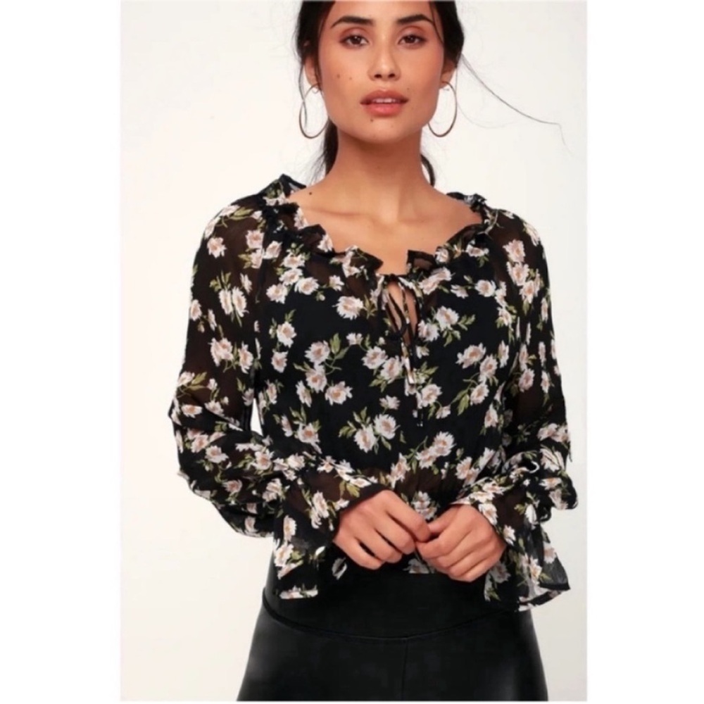 Lulu's Garden of Love Shirt black white floral sheer ruffles tie neck